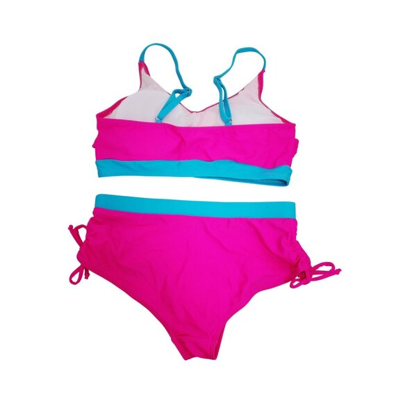 Two-Piece Pink & Blue Girls Swimsuit With Adjustable Straps Size 13 14 y - Picture 2 of 6